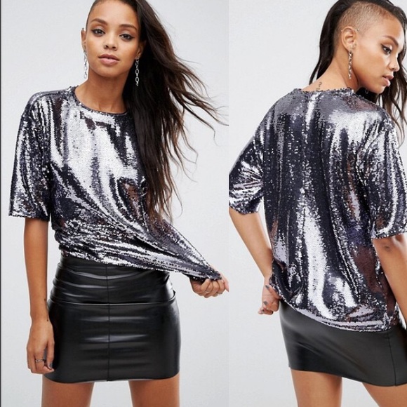 ASOS Tops - ASOS Oversized Gunmetal Sequin Tee Shirt 8